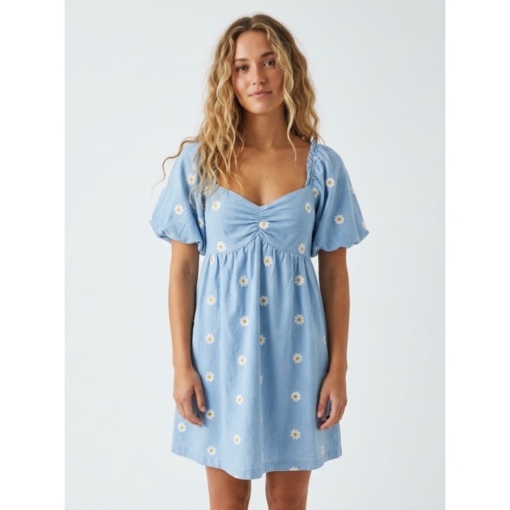 Altar'd State Blue Daisy Embroidered Puff Sleeve Medium Mini Dress Cottagecore